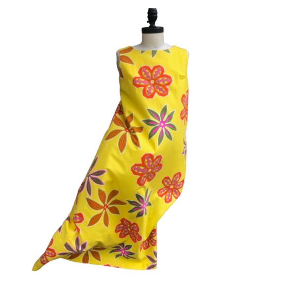 Vintage 50s/60s Hoaloha Hawaiian Barkcloth Yellow Floral Maxi Tiki Dress XS/S - Picture 6 of 14